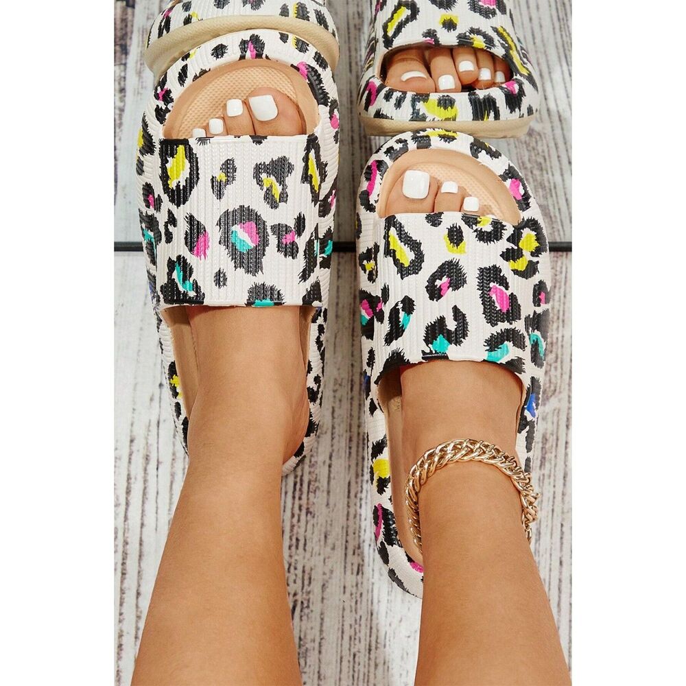 SHEWIN WOMEN WHITE LEOPARD PRINT OPEN-TOE THICK SOLE SLIPPERS